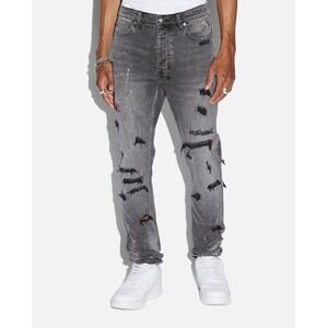 Ksubi Chitch Grey Distressed Slim Tapered Jeans Mens Button Fly Ripped Paint 32